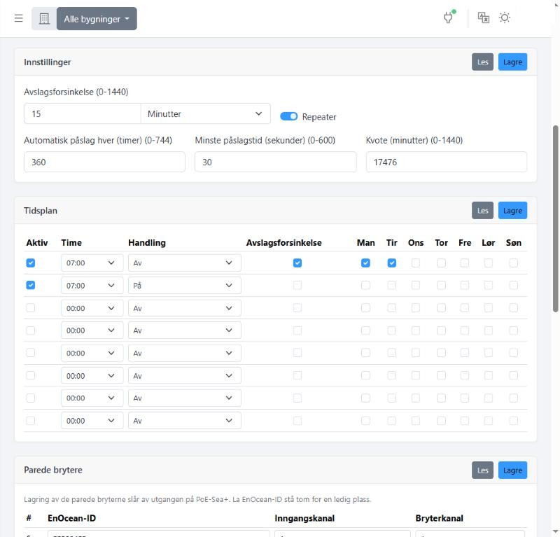 Réglages et planning hebdomadaire d'un PoE-Sea+